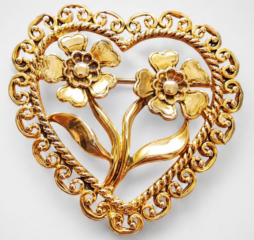 Romantic Double Heart Faux Pearl Vintage‎ Brooch Pin fb1-111